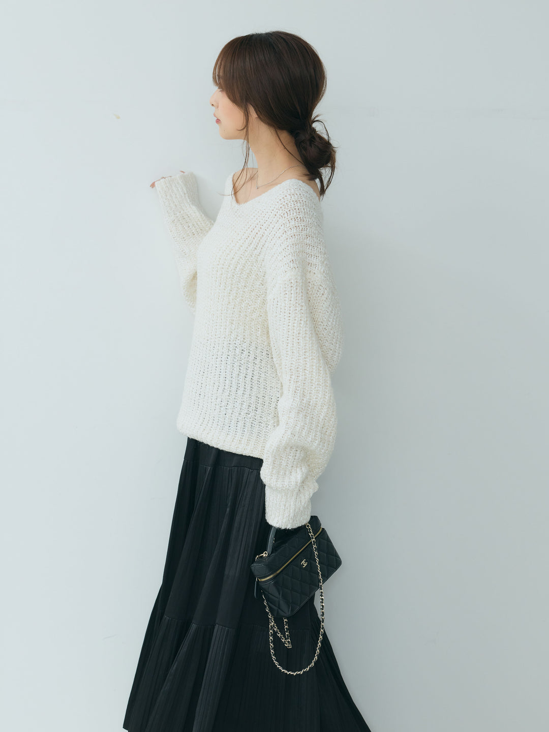 【SET】ランタンヤーンVネックニットプルオーバー+【Essential】Soft sheen tiered flare skirt(2set)