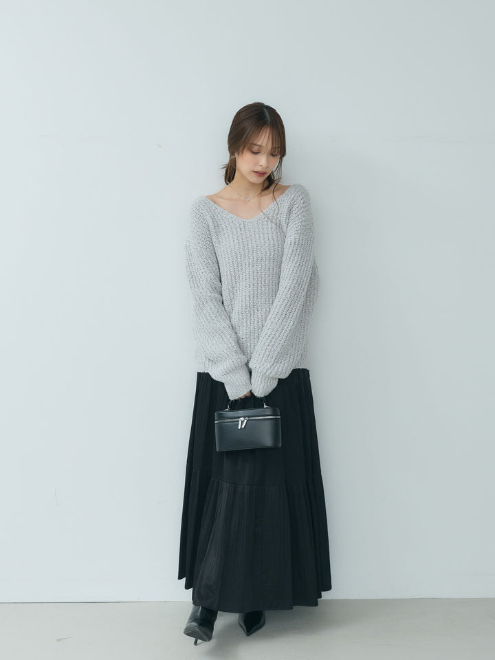 【SET】ランタンヤーンVネックニットプルオーバー+【Essential】Soft sheen tiered flare skirt(2set)