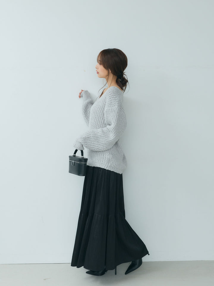 【SET】ランタンヤーンVネックニットプルオーバー+【Essential】Soft sheen tiered flare skirt(2set)