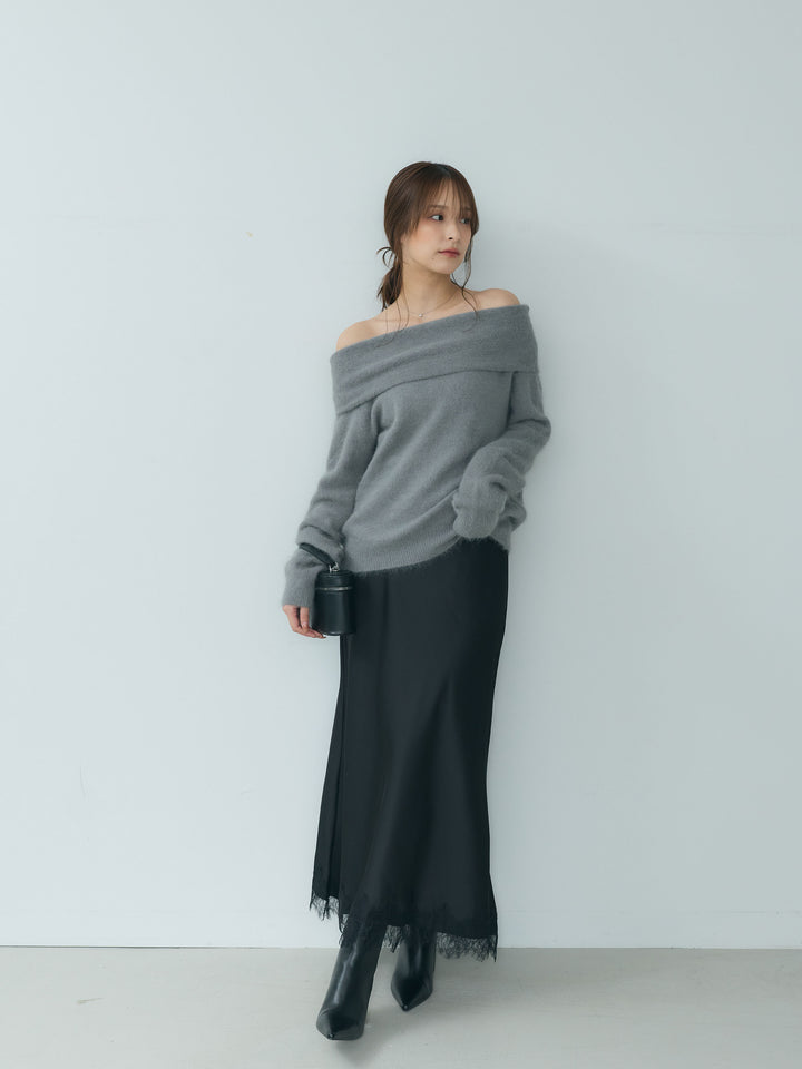 プラッシュドオフショルダーニットトップス