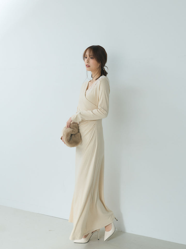 アシンメトリーレースデザインウエストドレープワンピース
