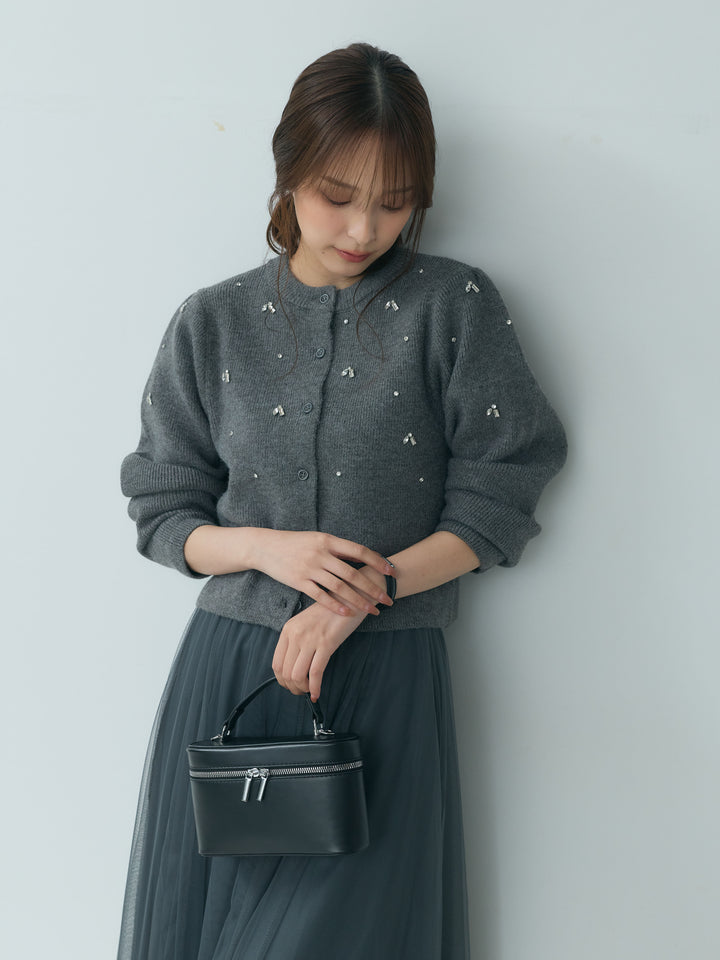 【SET】ビジューショートニットカーディガン+ボリュームチュールスカート(2set)