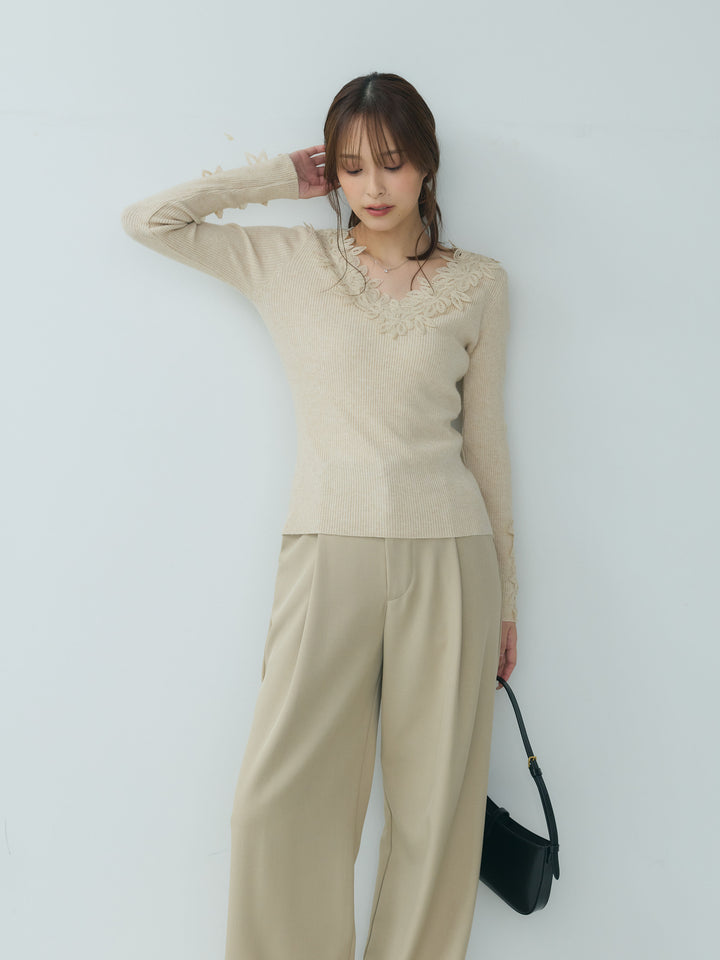 【SET】フラワーレースディテールVネックニットトップス+センタープレスベーシックストレートパンツ(2set)