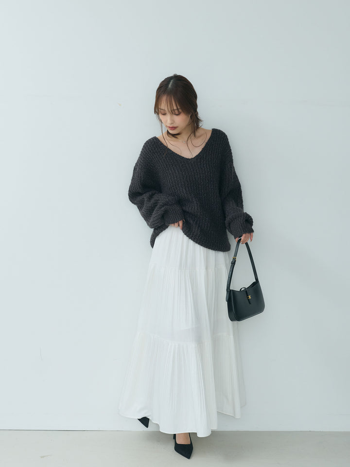 【SET】ランタンヤーンVネックニットプルオーバー+【Essential】Soft sheen tiered flare skirt(2set)