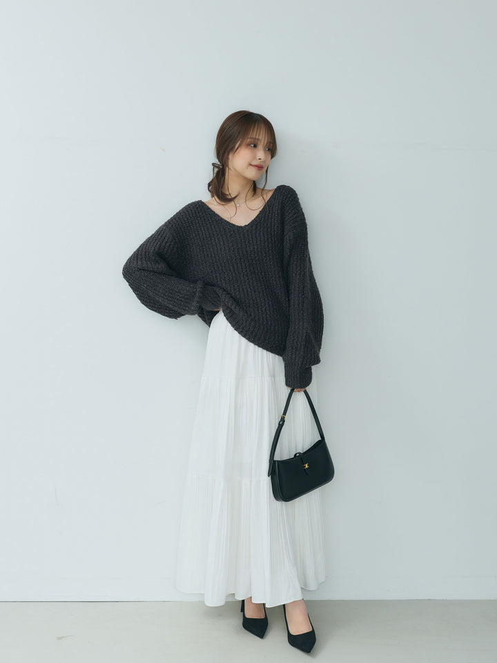 【SET】ランタンヤーンVネックニットプルオーバー+【Essential】Soft sheen tiered flare skirt(2set)