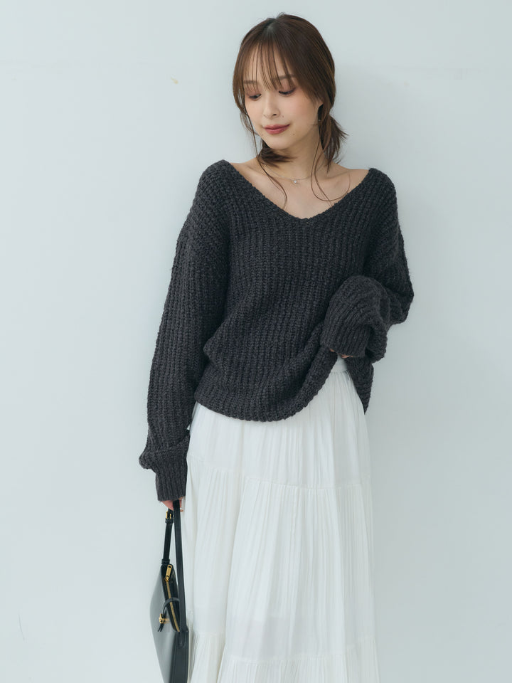 【SET】ランタンヤーンVネックニットプルオーバー+【Essential】Soft sheen tiered flare skirt(2set)