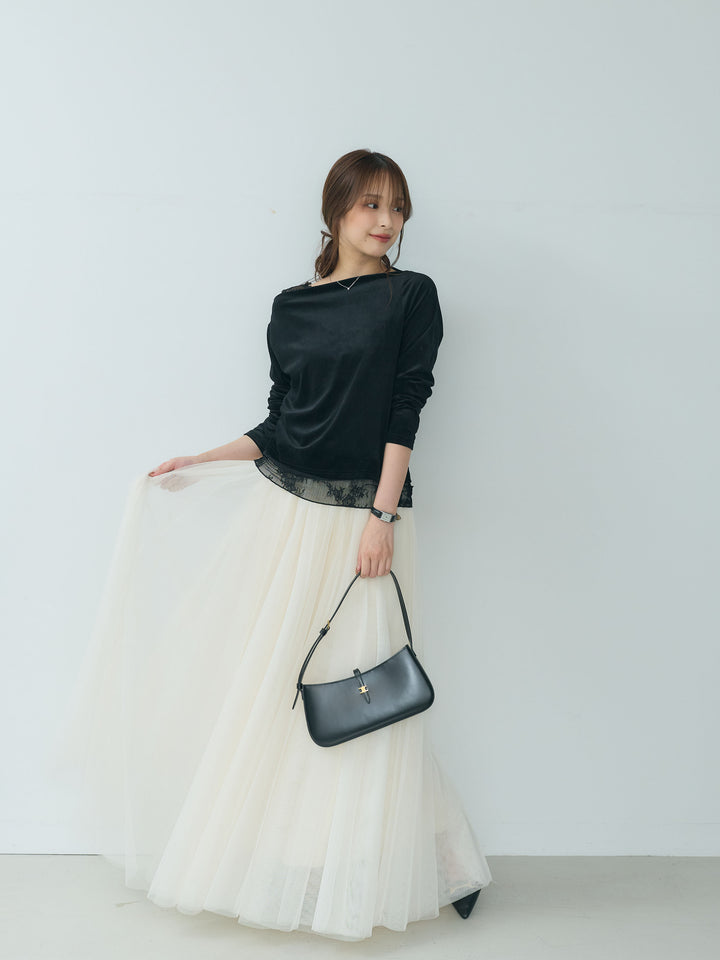 【SET】レースドッキングベロアアシメトップス+ボリュームチュールスカート(2set)