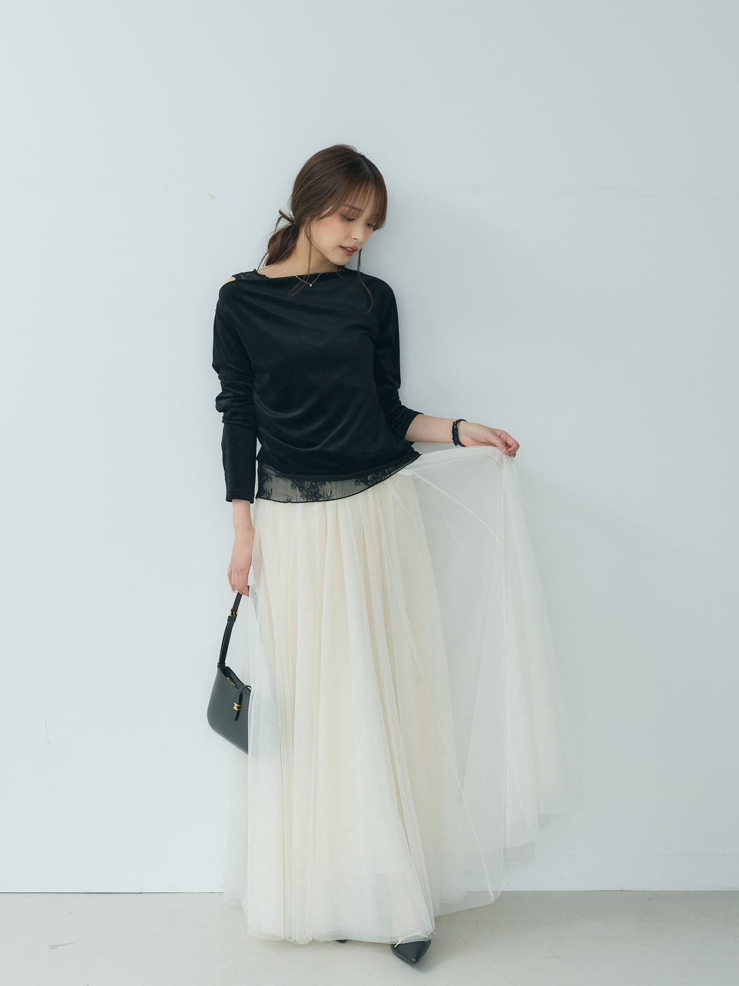 【SET】レースドッキングベロアアシメトップス+ボリュームチュールスカート(2set)