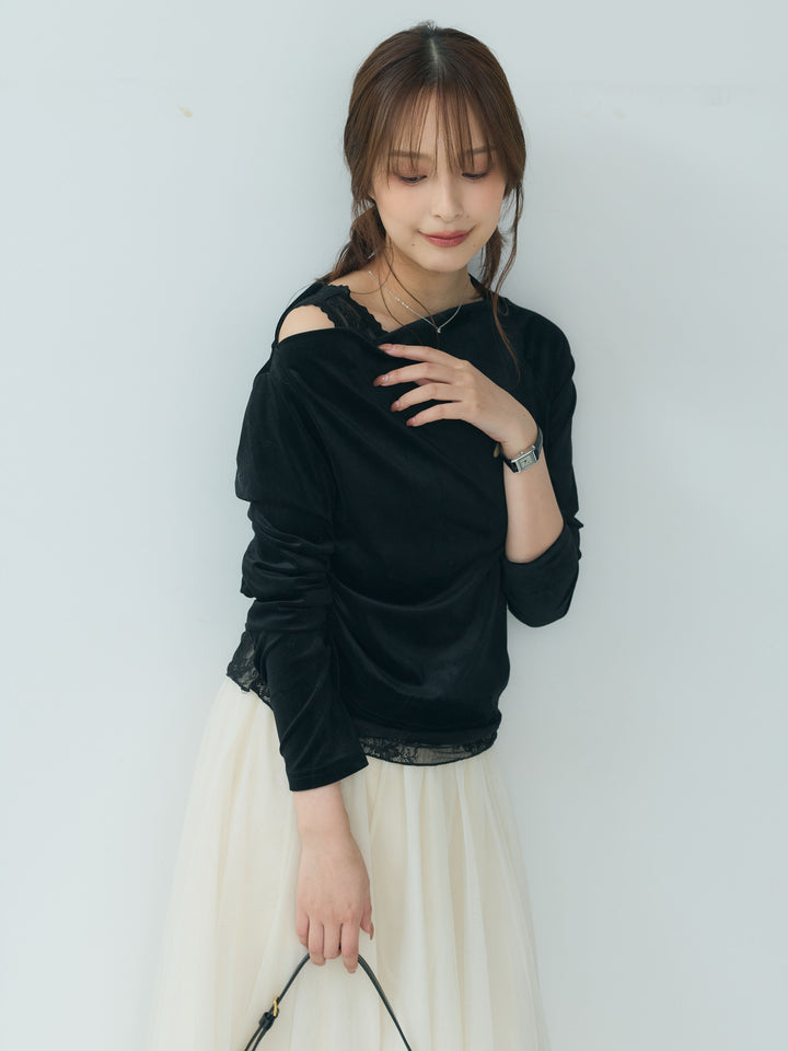 【SET】レースドッキングベロアアシメトップス+ボリュームチュールスカート(2set)