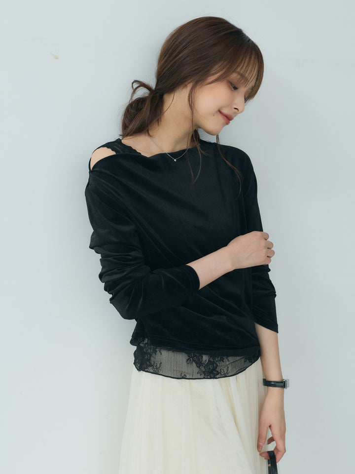 【SET】レースドッキングベロアアシメトップス+ボリュームチュールスカート(2set)