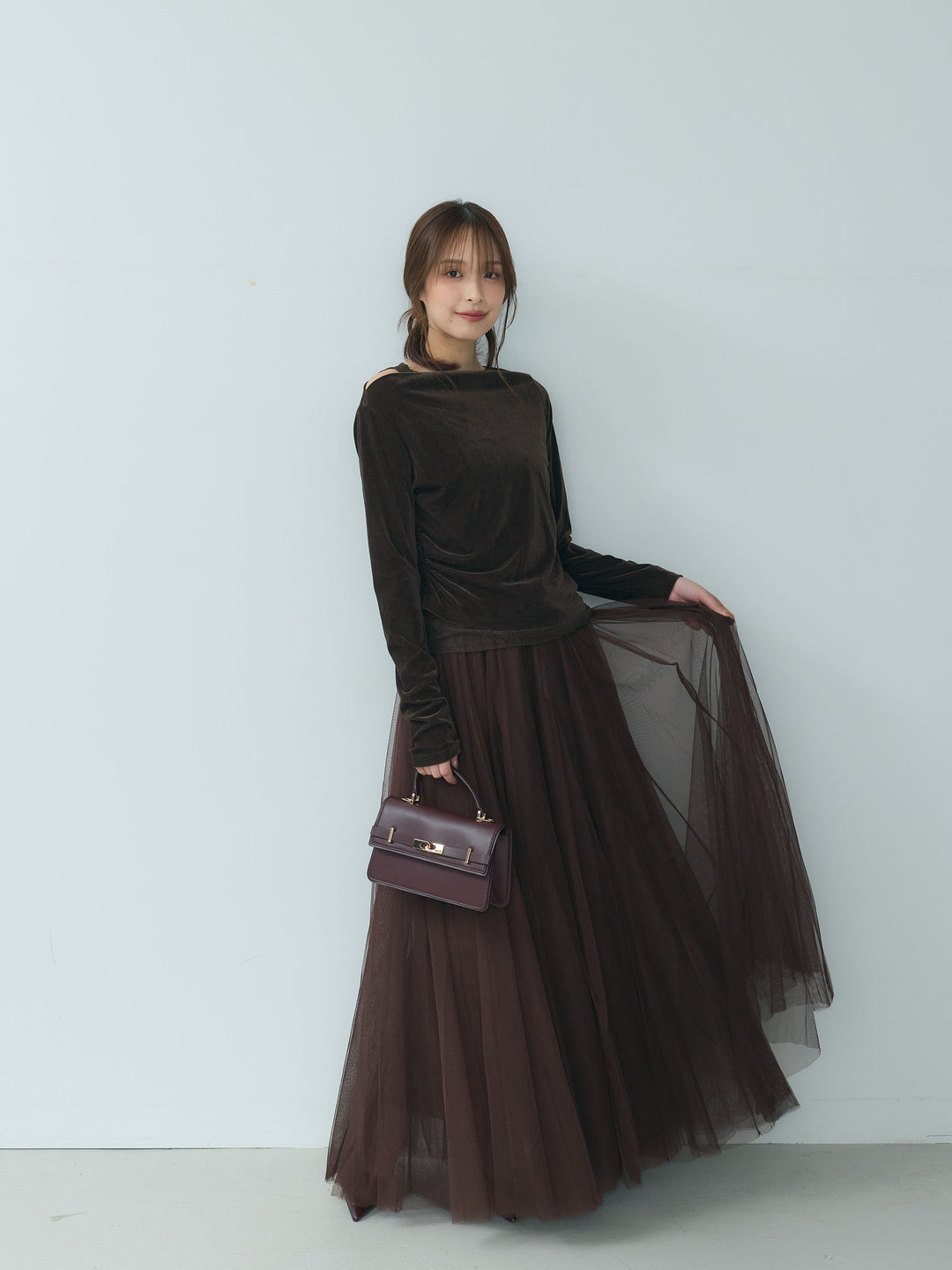 【SET】レースドッキングベロアアシメトップス+ボリュームチュールスカート(2set)