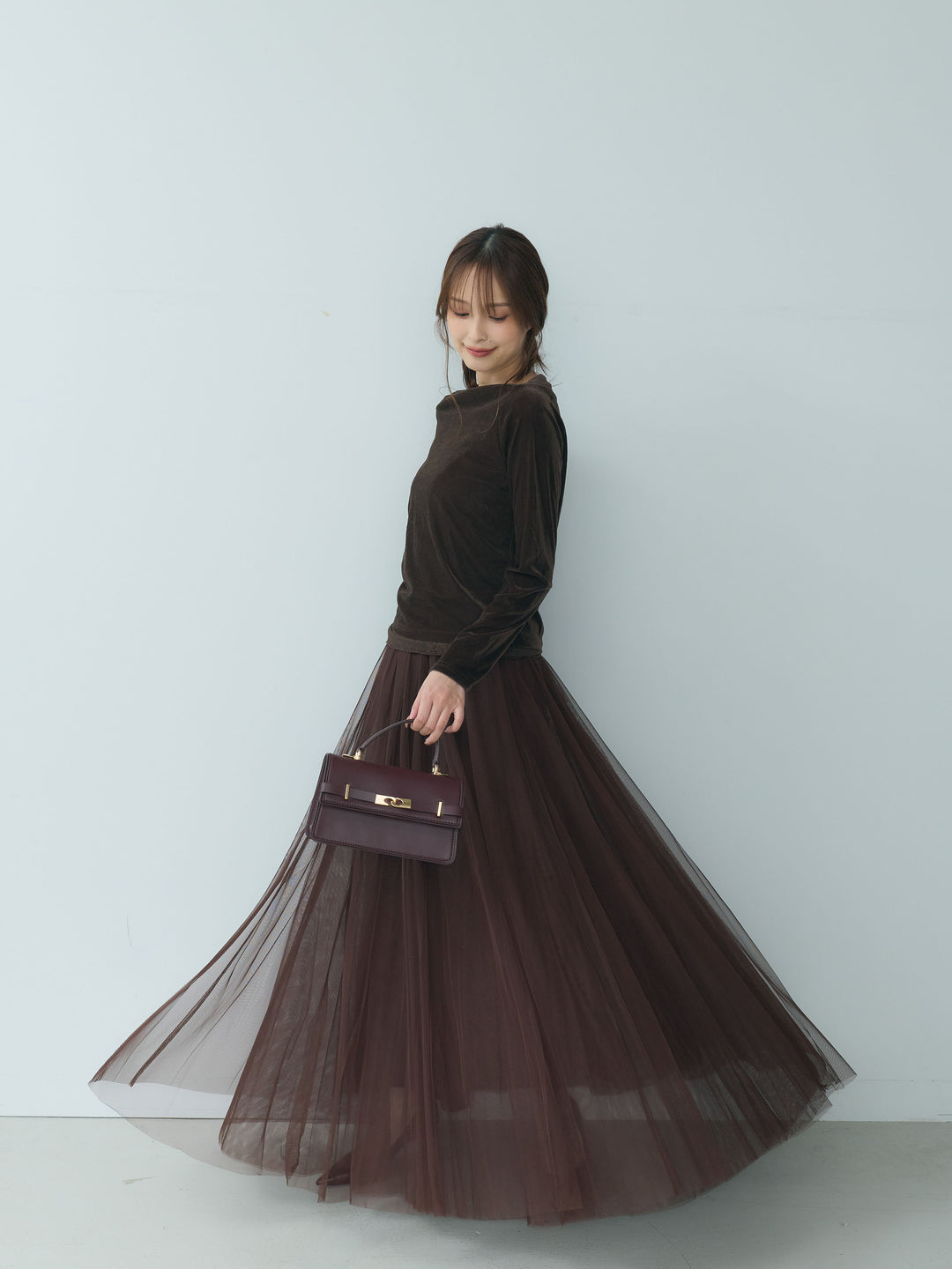 【SET】レースドッキングベロアアシメトップス+ボリュームチュールスカート(2set)
