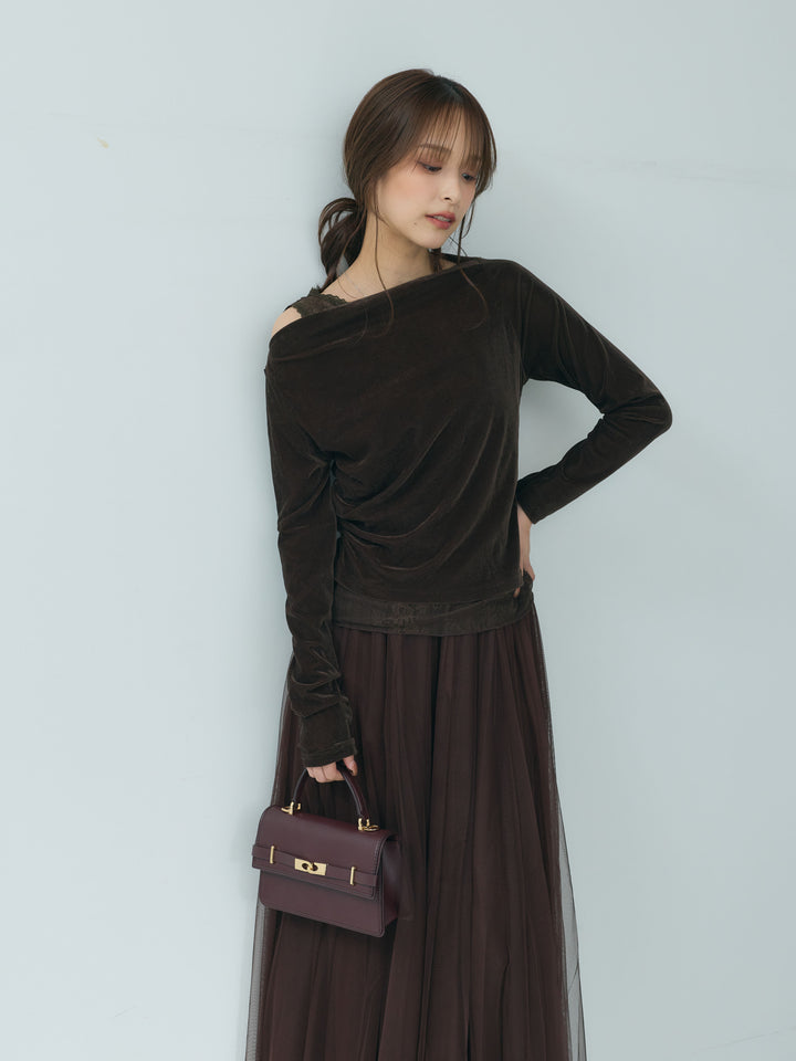 【SET】レースドッキングベロアアシメトップス+ボリュームチュールスカート(2set)