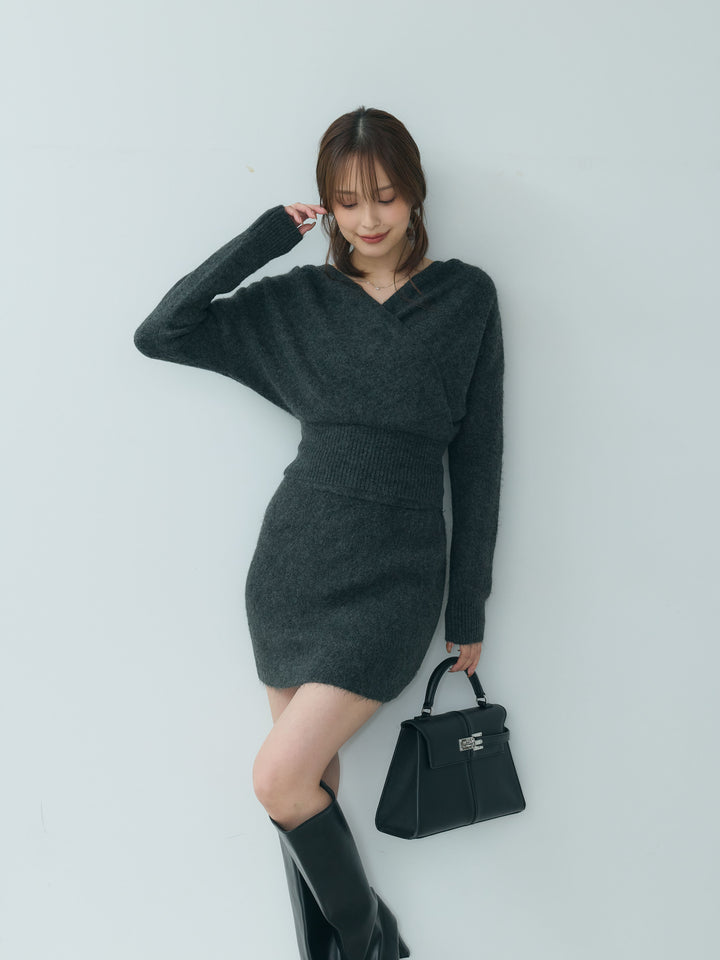 カシュクールニットトップス&ニットミニスカートSET UP