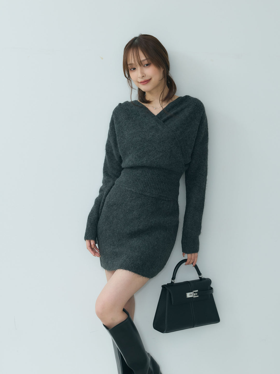 カシュクールニットトップス&ニットミニスカートSET UP