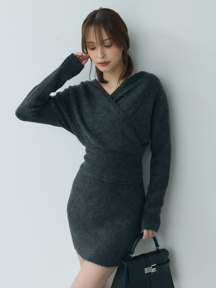 カシュクールニットトップス&ニットミニスカートSET UP
