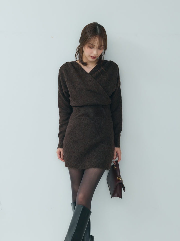 カシュクールニットトップス&ニットミニスカートSET UP