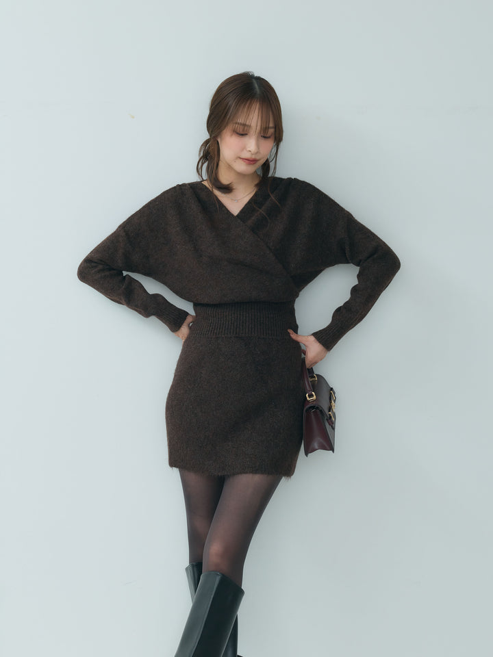カシュクールニットトップス&ニットミニスカートSET UP