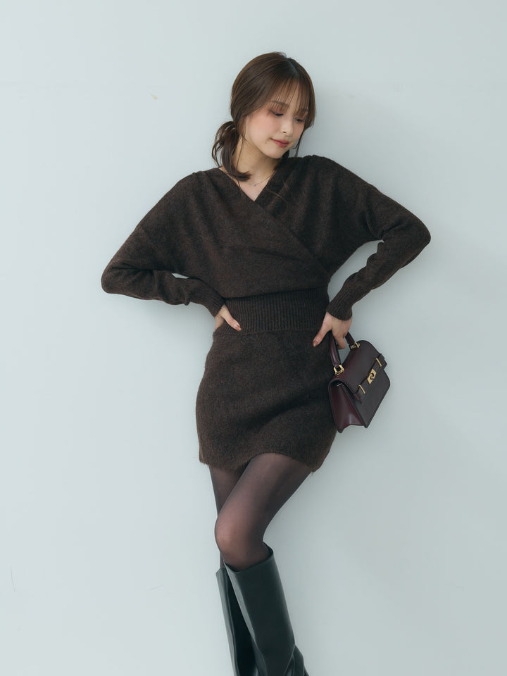 カシュクールニットトップス&ニットミニスカートSET UP