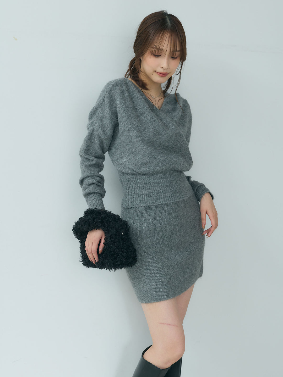 カシュクールニットトップス&ニットミニスカートSET UP
