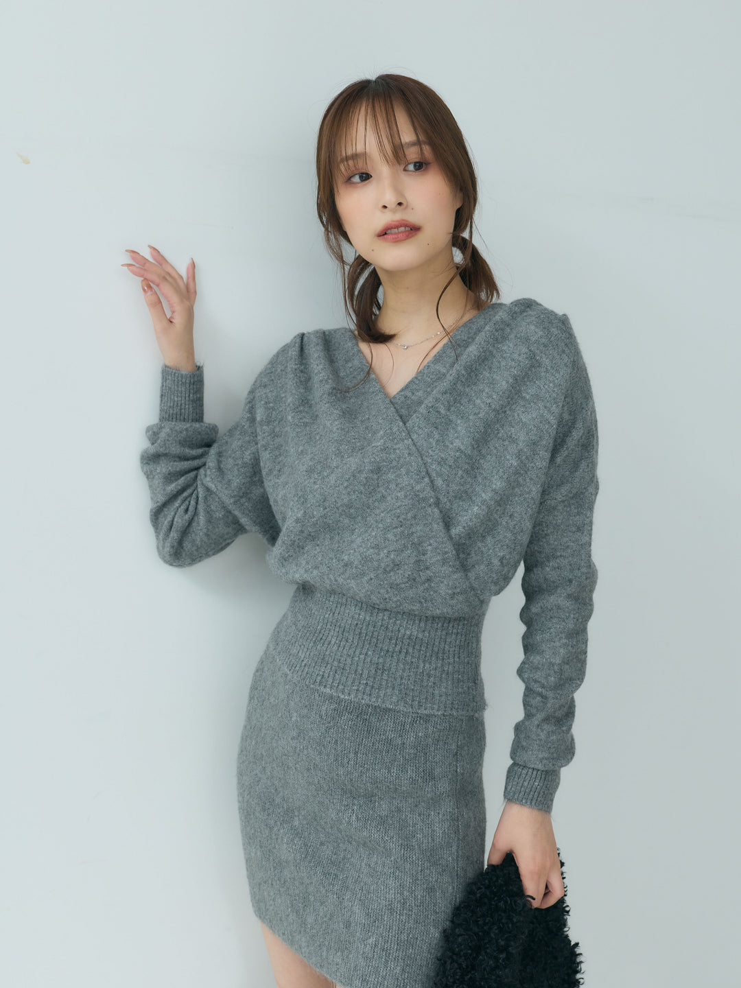 カシュクールニットトップス&ニットミニスカートSET UP