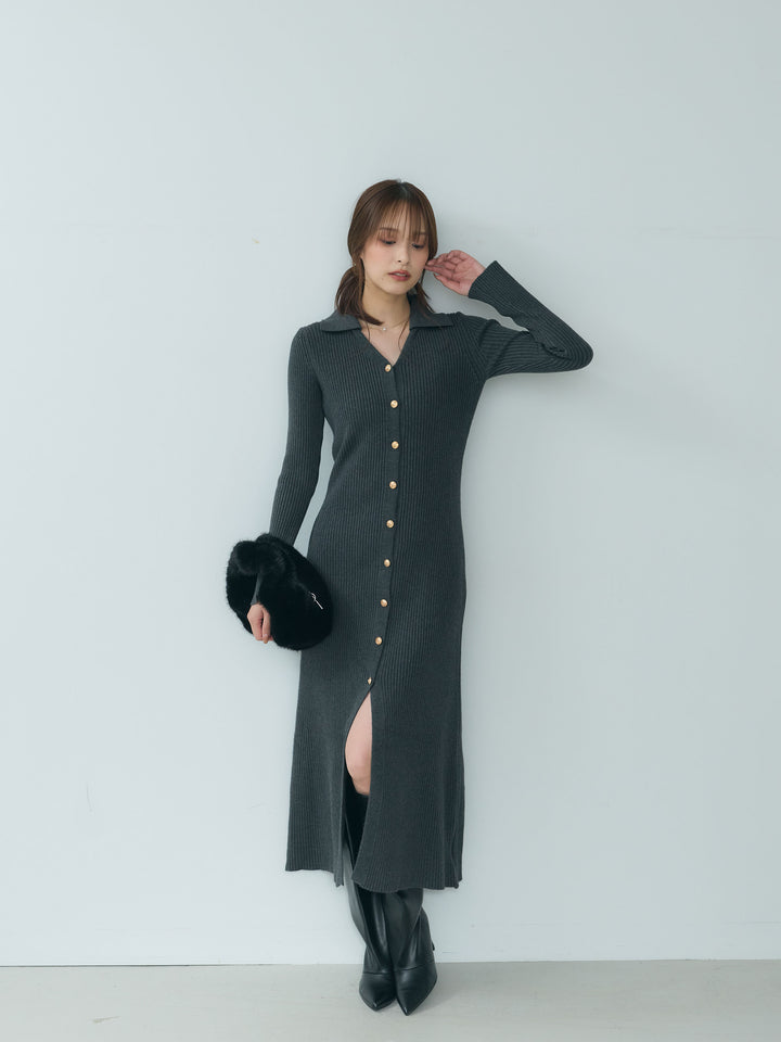 ゴールドボタンスキッパーリブニットワンピース