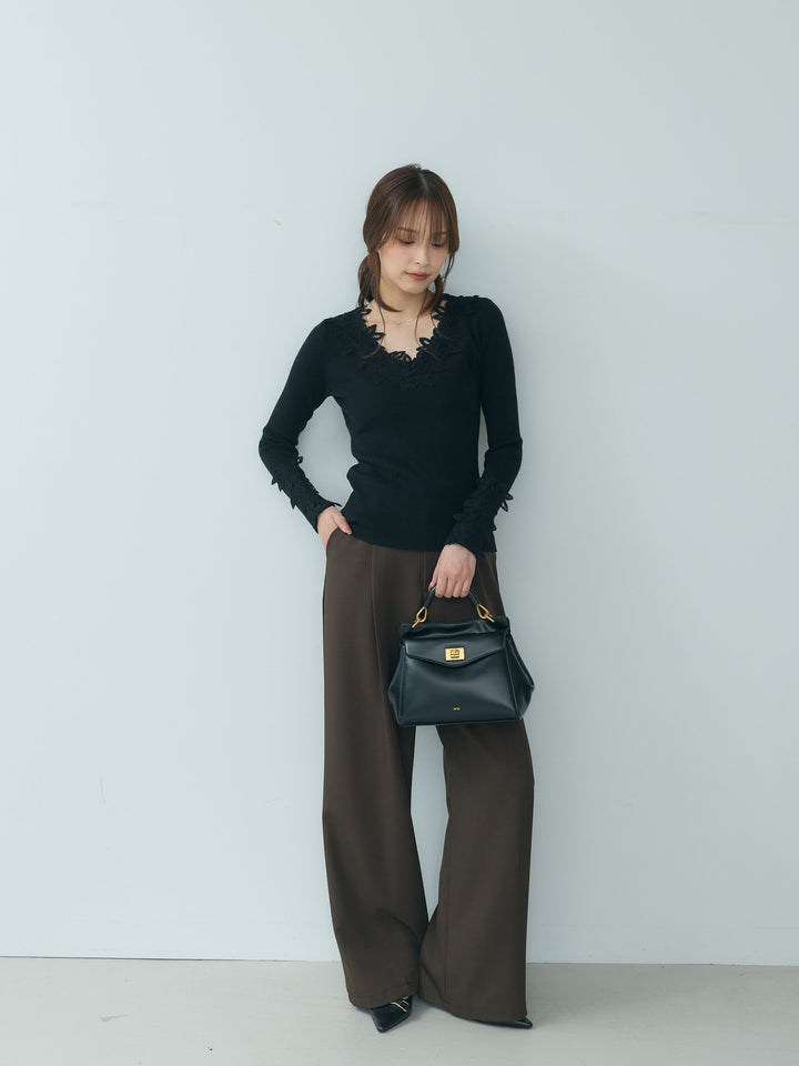 【SET】フラワーレースディテールVネックニットトップス+センタープレスベーシックストレートパンツ(2set)
