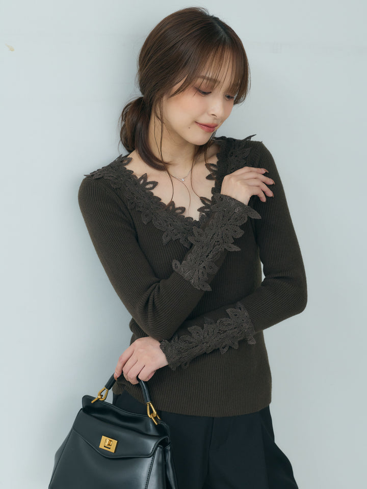 【SET】フラワーレースディテールVネックニットトップス+センタープレスベーシックストレートパンツ(2set)