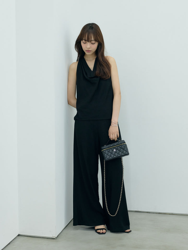 【Luxe series】ソフトタッチドレープノースリトップス&ソフトタッチボタンデザインストレートパンツSET UP