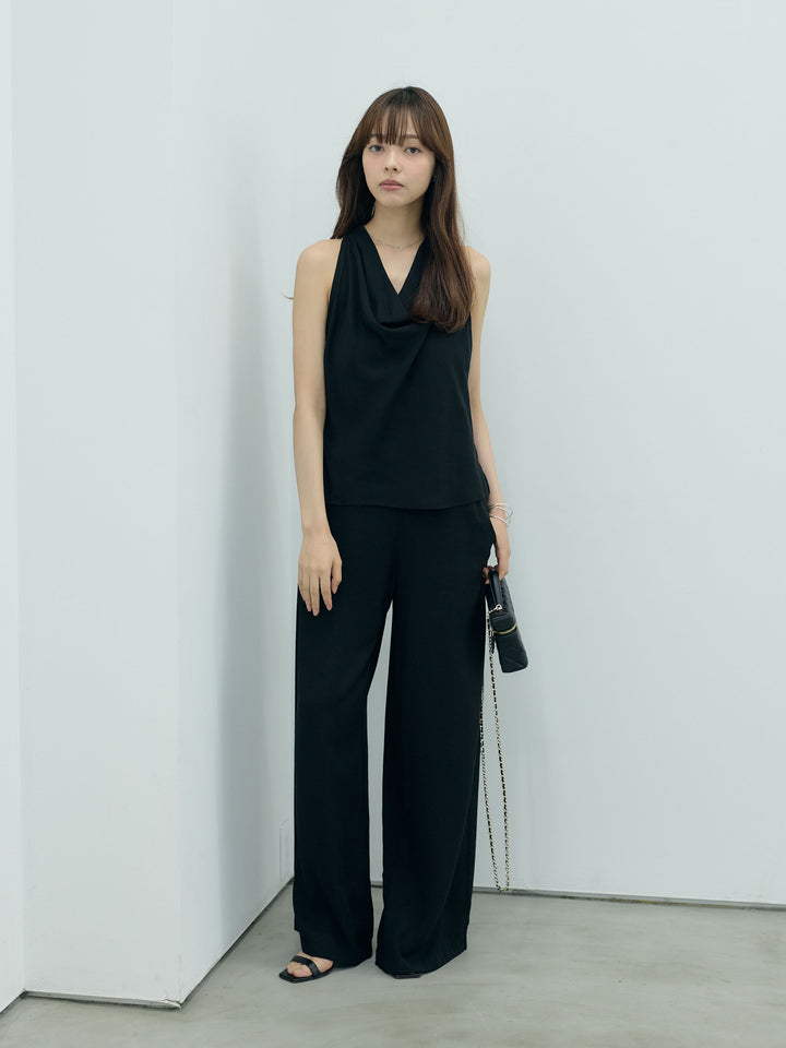 【Luxe series】ソフトタッチドレープノースリトップス&ソフトタッチボタンデザインストレートパンツSET UP