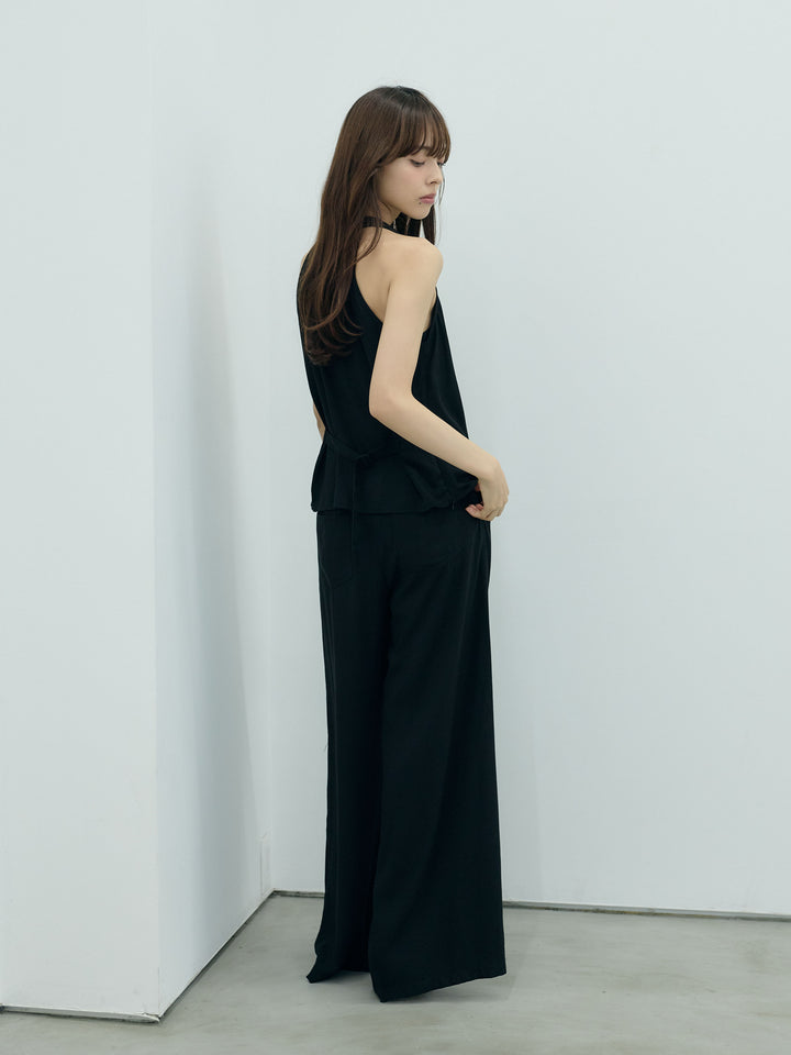 【Luxe series】ソフトタッチドレープノースリトップス&ソフトタッチボタンデザインストレートパンツSET UP