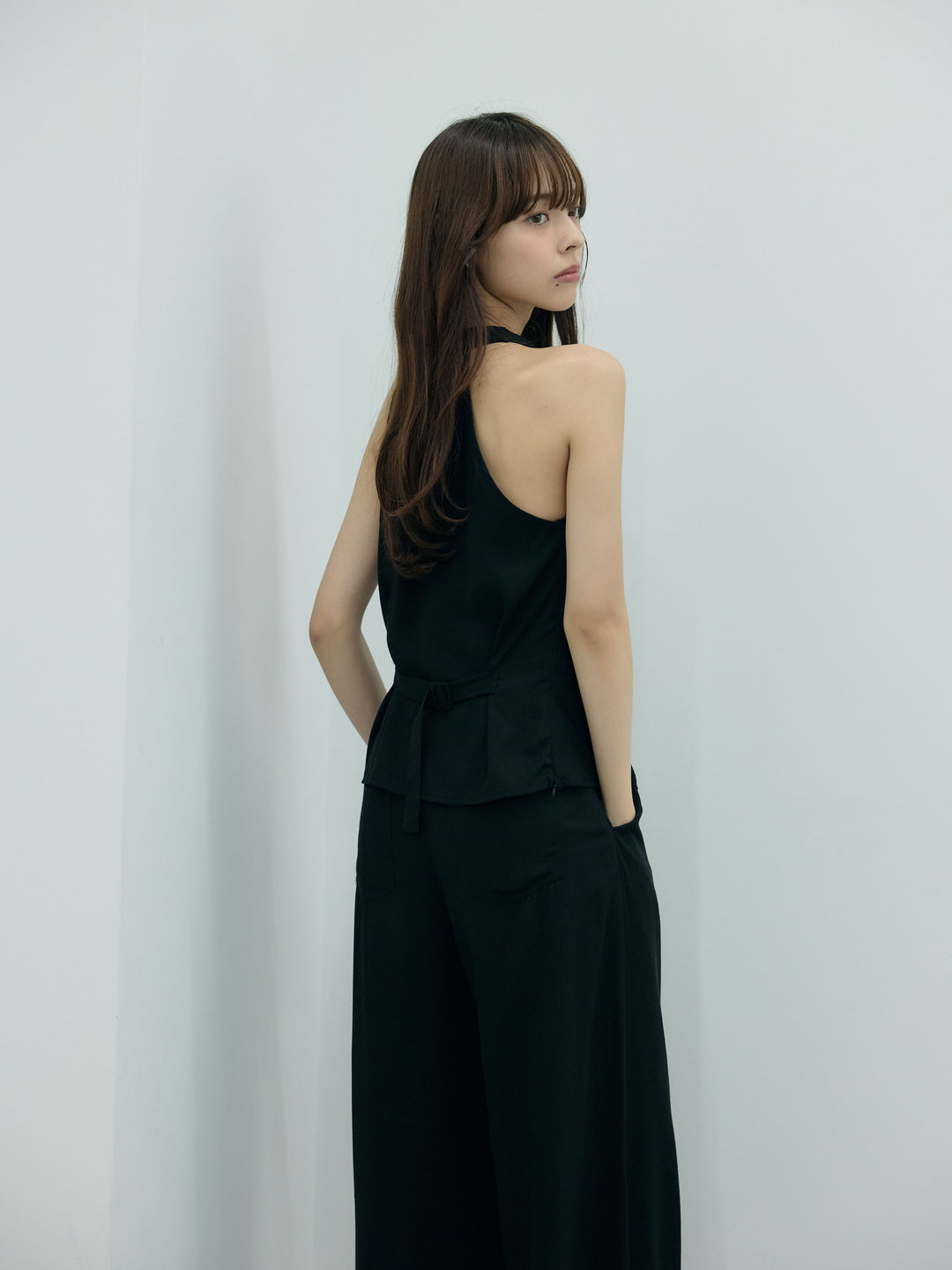 【Luxe series】ソフトタッチドレープノースリトップス&ソフトタッチボタンデザインストレートパンツSET UP