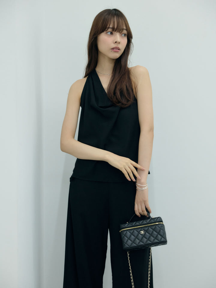 【Luxe series】ソフトタッチドレープノースリトップス&ソフトタッチボタンデザインストレートパンツSET UP