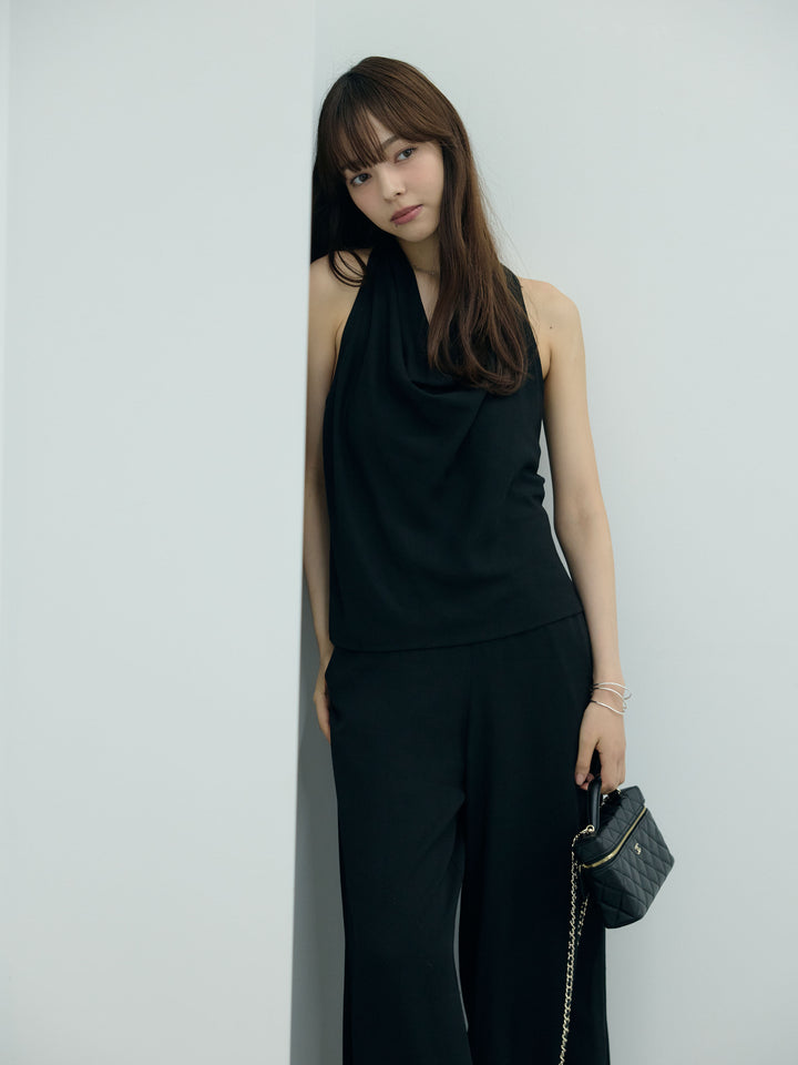 【Luxe series】ソフトタッチドレープノースリトップス&ソフトタッチボタンデザインストレートパンツSET UP