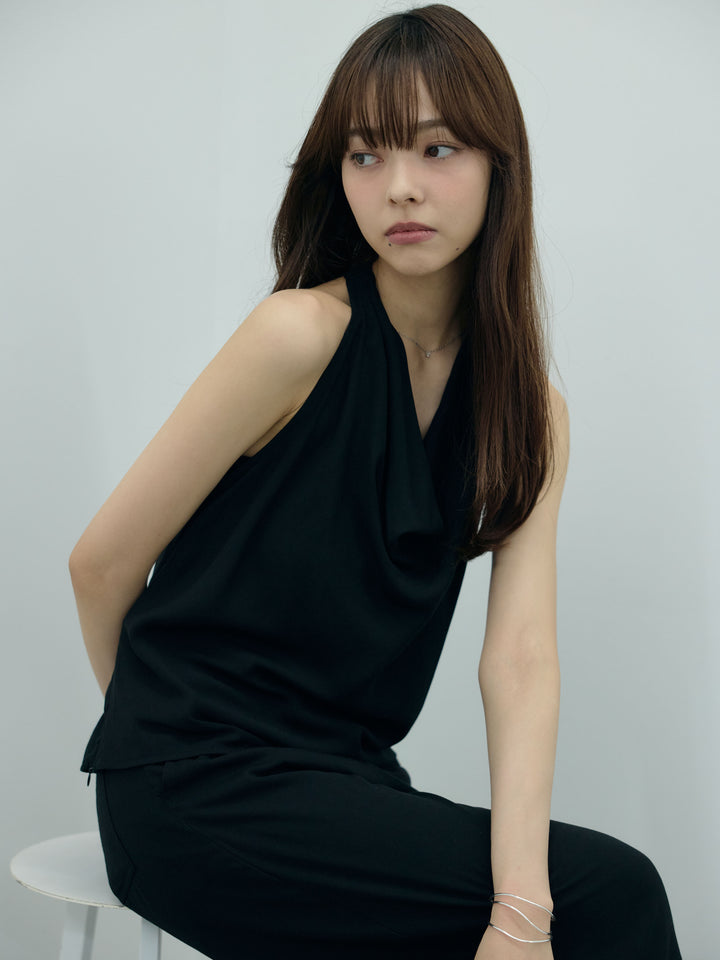 【Luxe series】ソフトタッチドレープノースリトップス&ソフトタッチボタンデザインストレートパンツSET UP