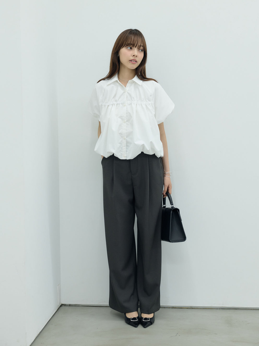 【SET】シャーリングバルーンシャツブラウス+センタープレスベーシックストレートパンツ(2set)