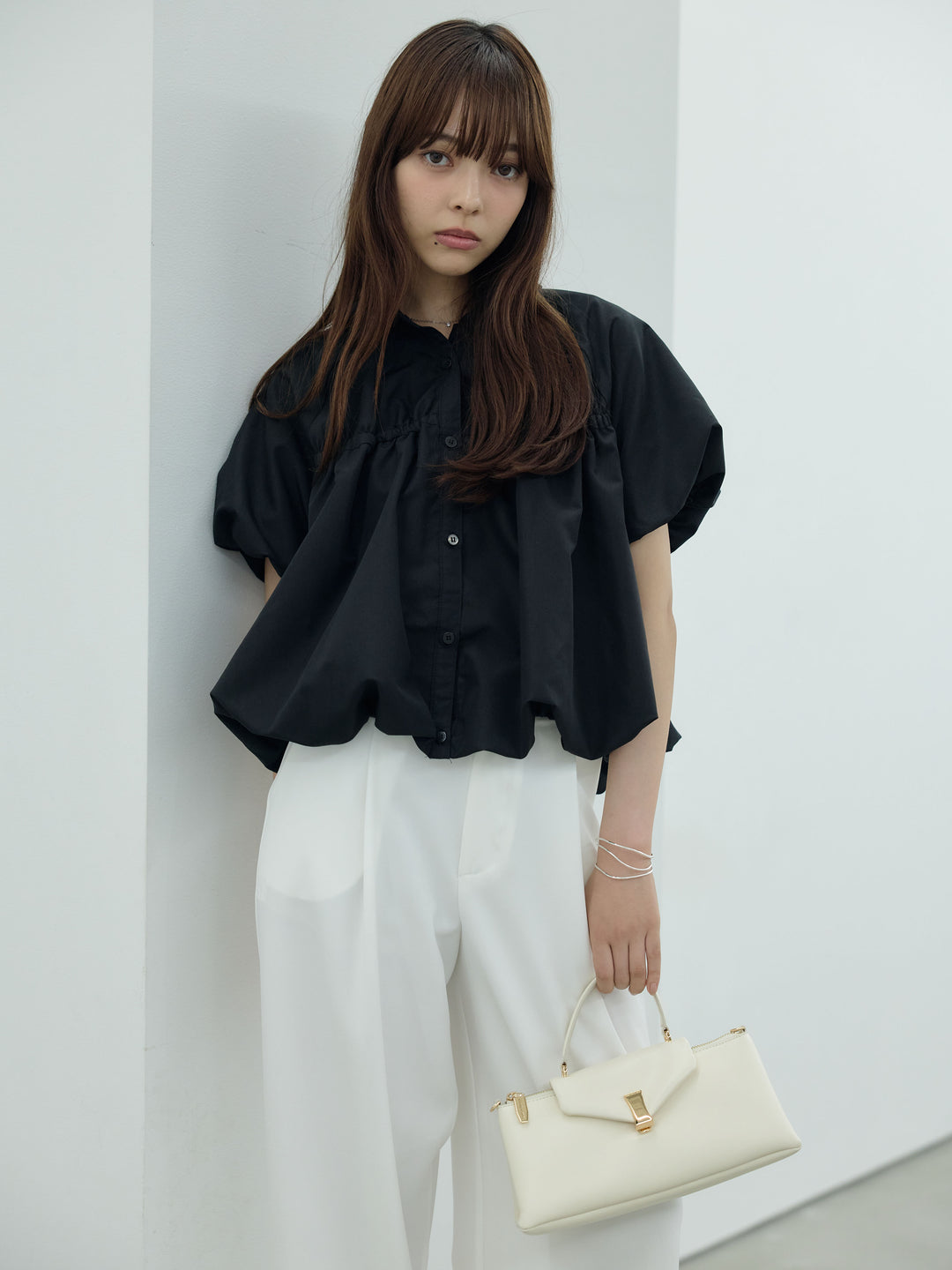 【SET】シャーリングバルーンシャツブラウス+センタープレスベーシックストレートパンツ(2set)