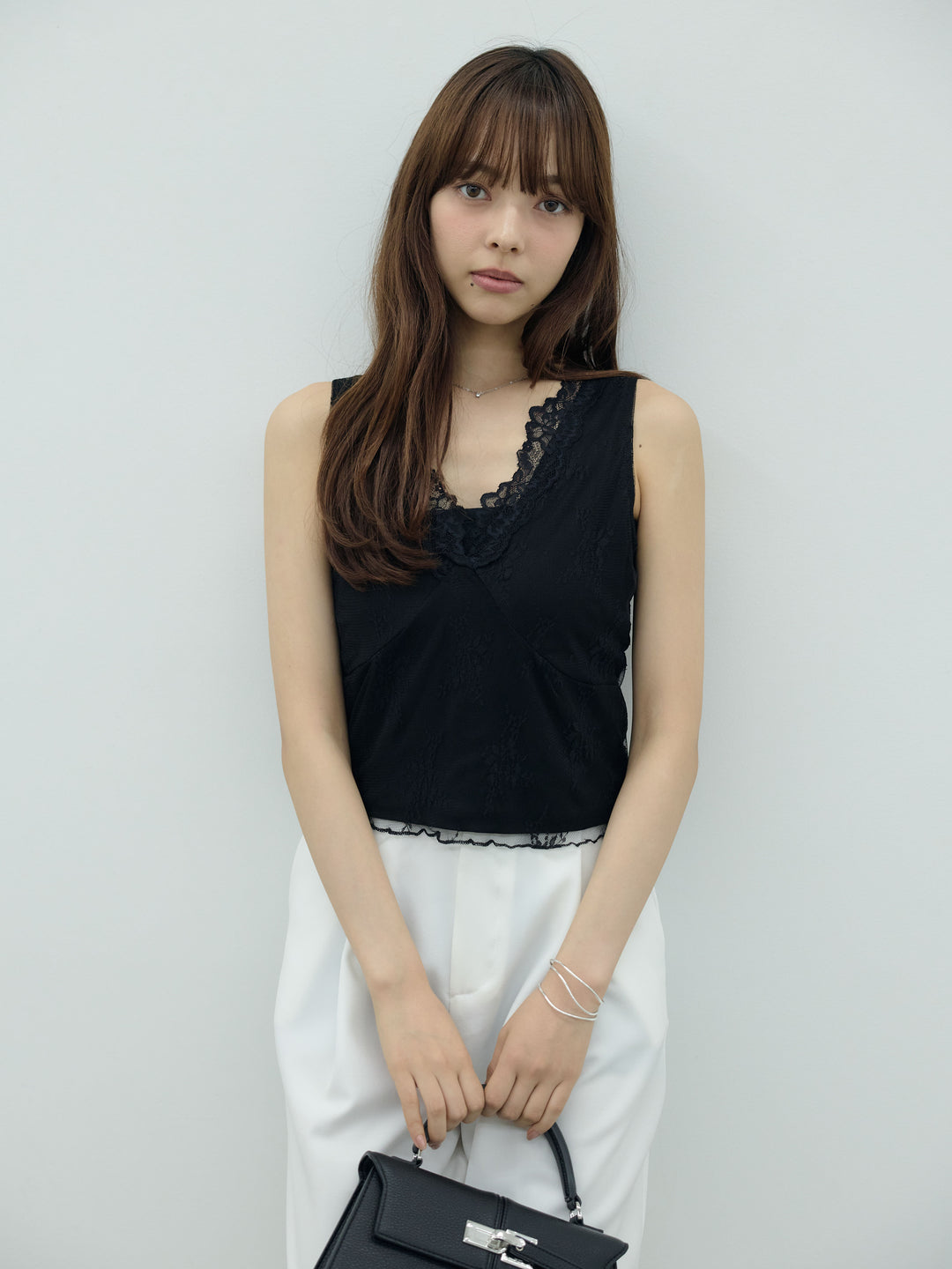 【SET】バックレースレイヤードノースリーブトップス+センタープレスベーシックストレートパンツ(2set)