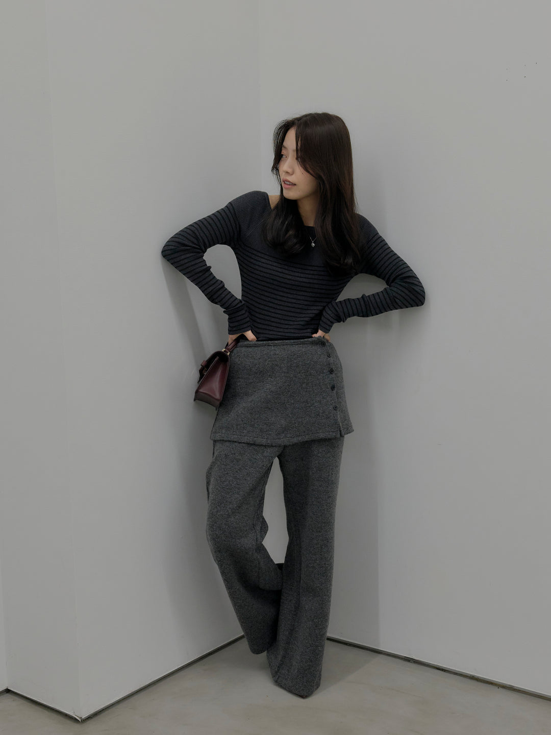 【SET】ハーフボーダーニットトップス+ミックスヤーンニットラップパンツ(2set)