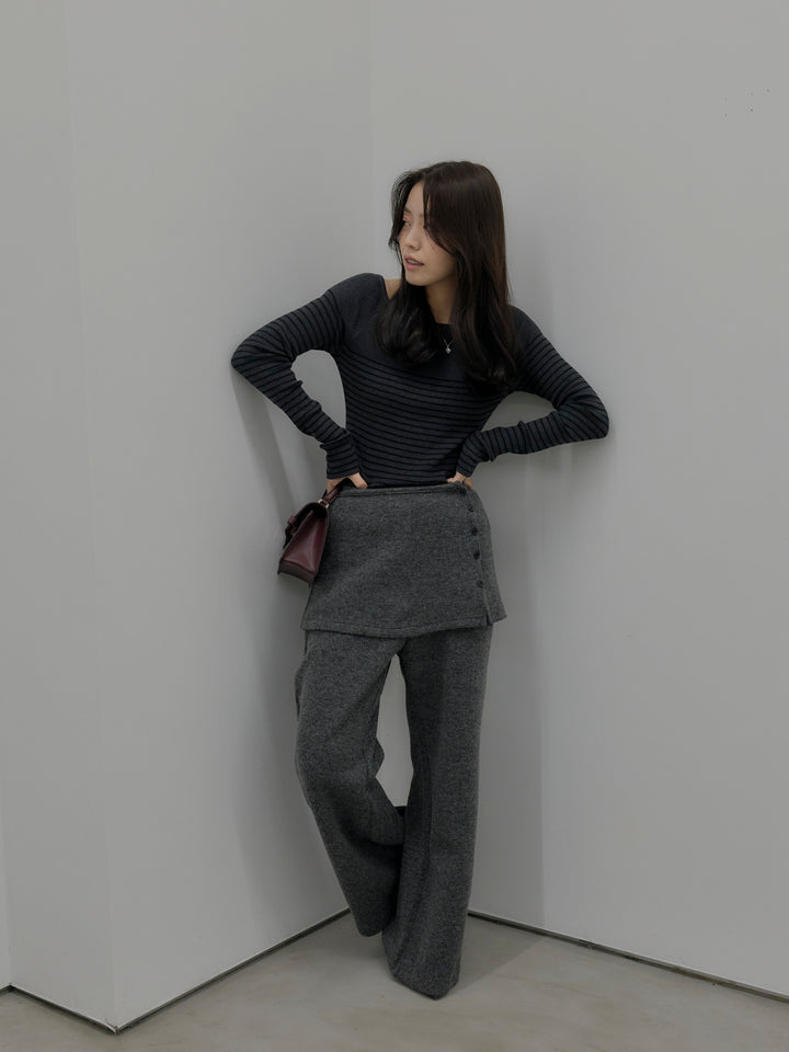 【SET】ハーフボーダーニットトップス+ミックスヤーンニットラップパンツ(2set)