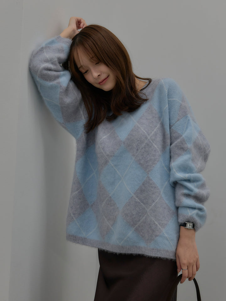 【SET】【premium touch】アーガイル柄ニットプルオーバー+ナローAラインサテンスカート(2set)