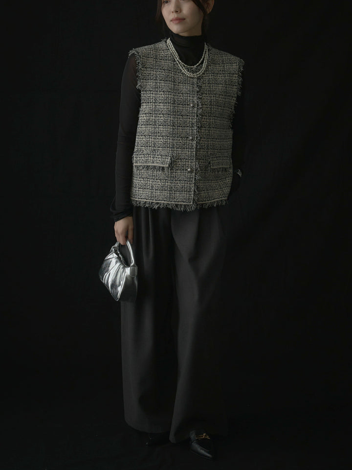 【SET】ツイードフリンジベスト+メロウフリルシアートップス+【ロープベルト付属】ウールタッチワイドパンツ(3set)