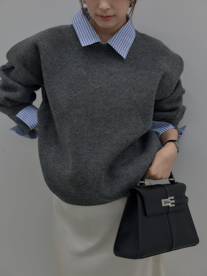 【SET】シャツドッキング肉厚ニットプルオーバー+ナローAラインサテンスカート(2set)