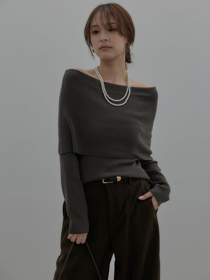 【SET】【premium touch】ソフトリブオフショルニットトップス+カーブデザインスウェットライクパンツ(2set)