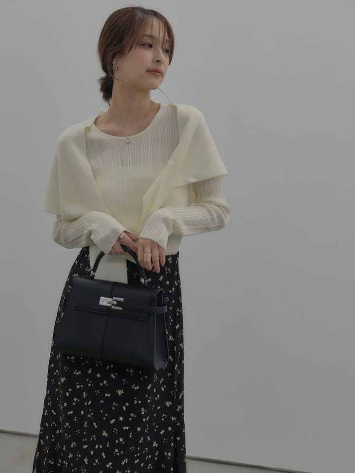 【SET】ニットスカーフ付きリブニットトップス+フラワーパターンマーメイドフレアスカート(2set)