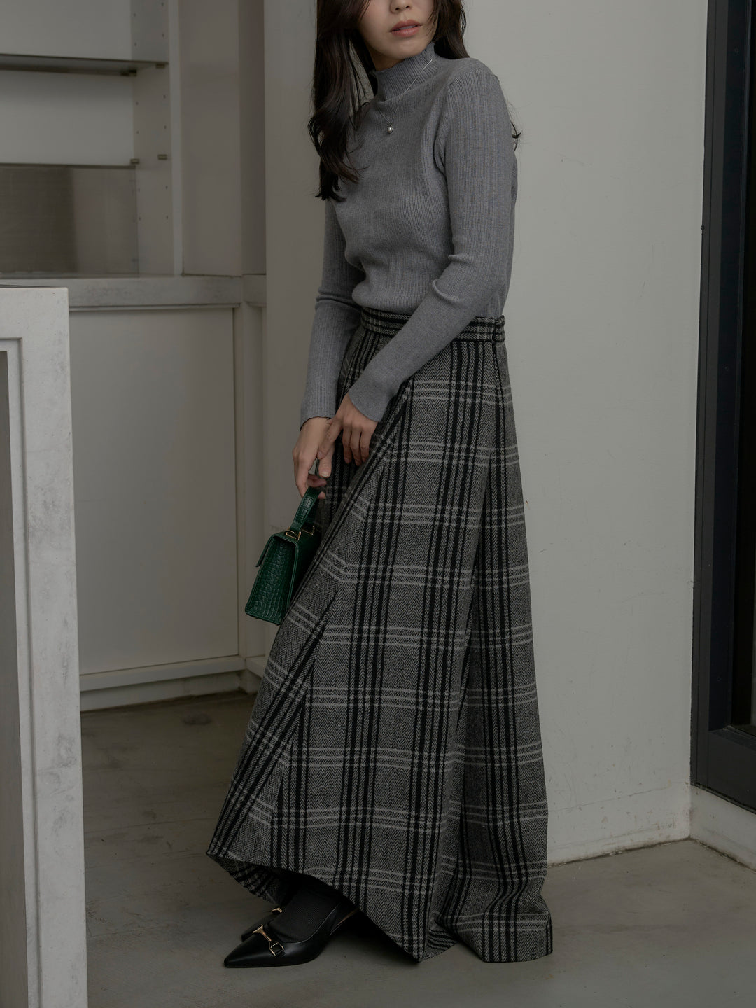 【SET】リブニットタートルネック+【Essential】クラシカルチェックウールタッチスカート(2set)