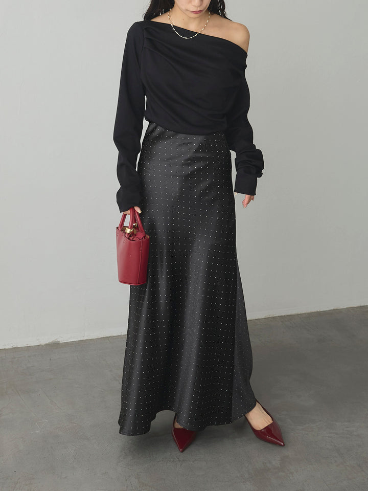 【SET】【Essential】2wayショルダードレープカットトップス+ドットサテンスカート(2set)