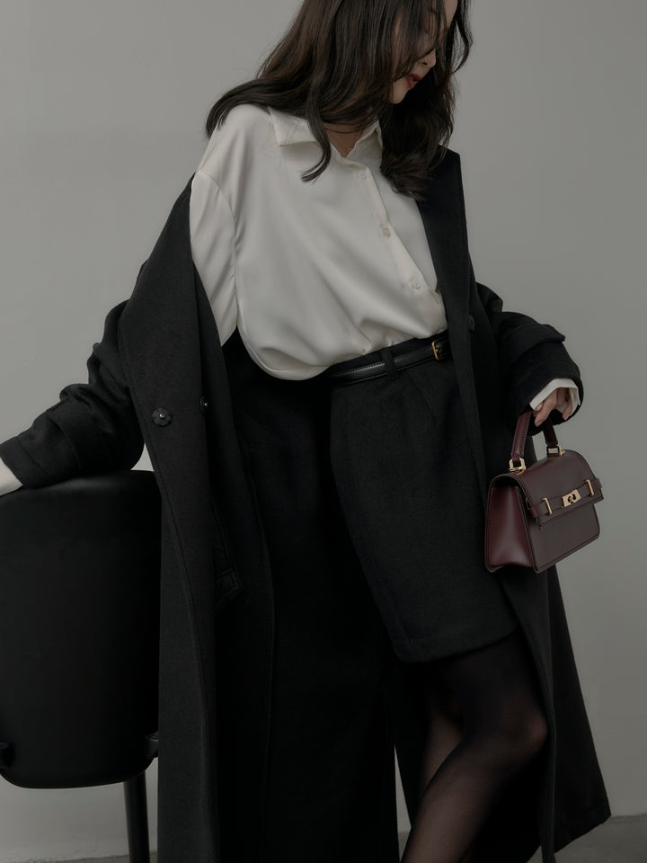 【SET】【Essential】ソフトウールリバートレンチコート+ケープ付きオーバーサテンシャツ+【Essential】ウールタッチミニスカート(3set)