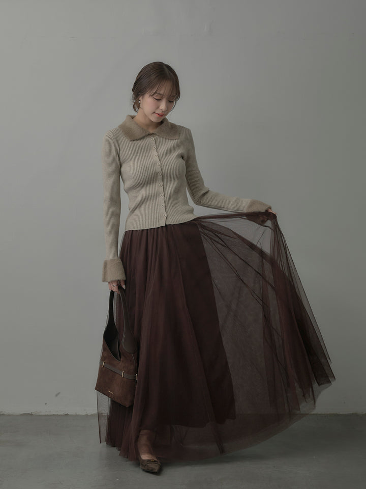 シャギー襟リブニットポロトップス