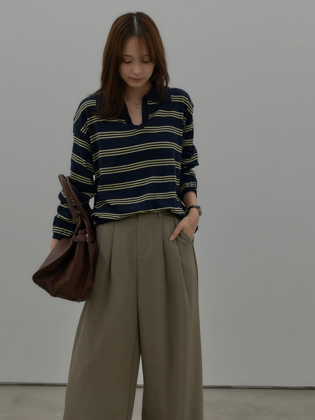 ボーダーポロ襟ニットプルオーバー